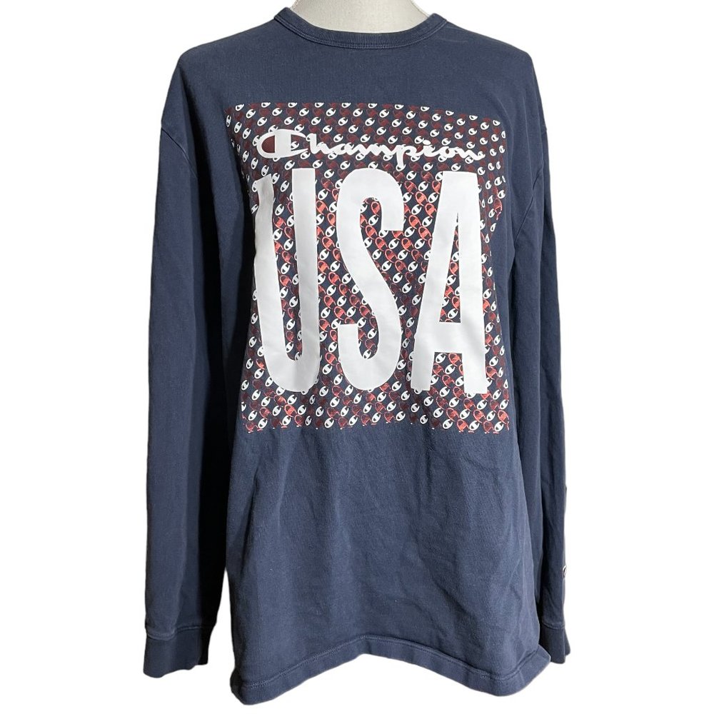 Champion USA Sweatshirt XL Spellout Metallic Logo 100% Cotton Navy Patriotic